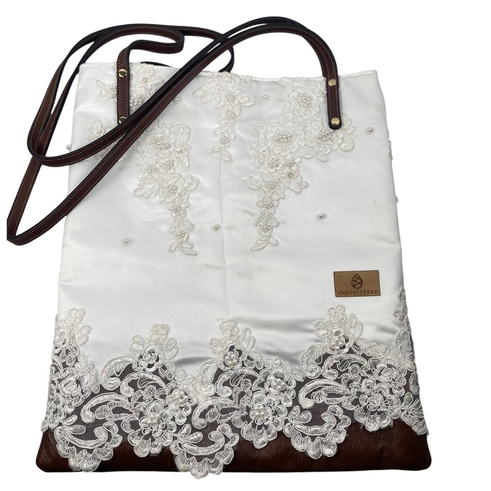 Unshattered White Satin Lace‎ Pearl Tote Bag Camo Lining Brown Leather Trim
